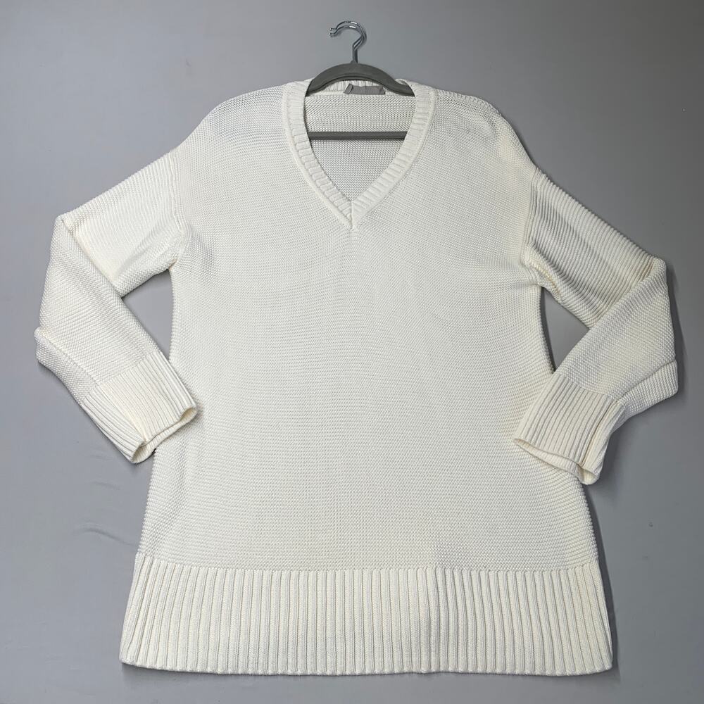 Everlane Women Sweater M White Cotton Knit Deep Vneck Long Neutral Long Sleeve